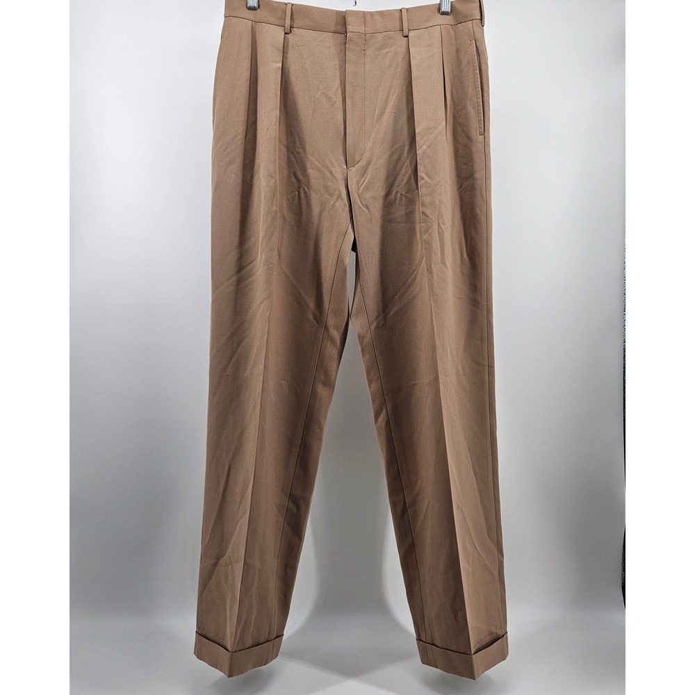VTG Polo Ralph Lauren Dress Pants Mens 36 Tan‎ Wool Double Pleated Italy Cuffed